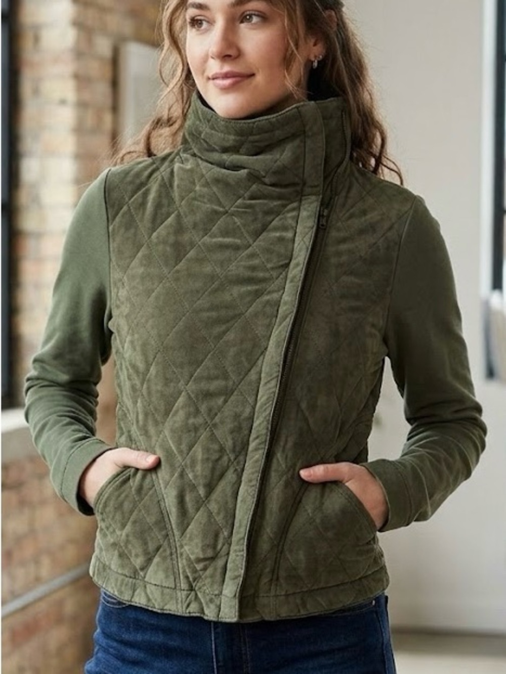 Marrakech Olive Green Quilted Asymmetrical Zip Jacket Boho Cottagecore Chic
